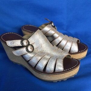 Fly London Cork Wedge Leather Sandals Gink 262 Pearl Gold Strappy